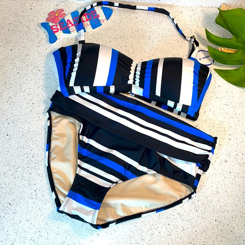 New Swimsuits For ALL Sz 10 Blue Black White Stripe Hi Waist Bikini 2 Pc Set